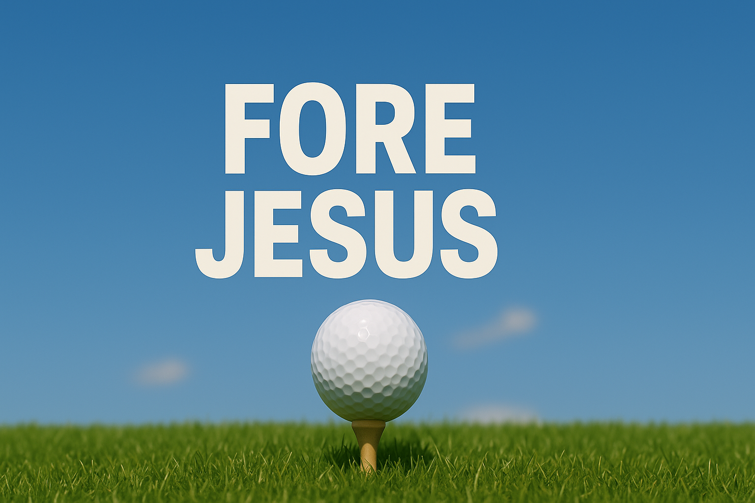 A golf ball teed on a golf course with the text 'FORE JESUS' above it against a blue sky with a few clouds.