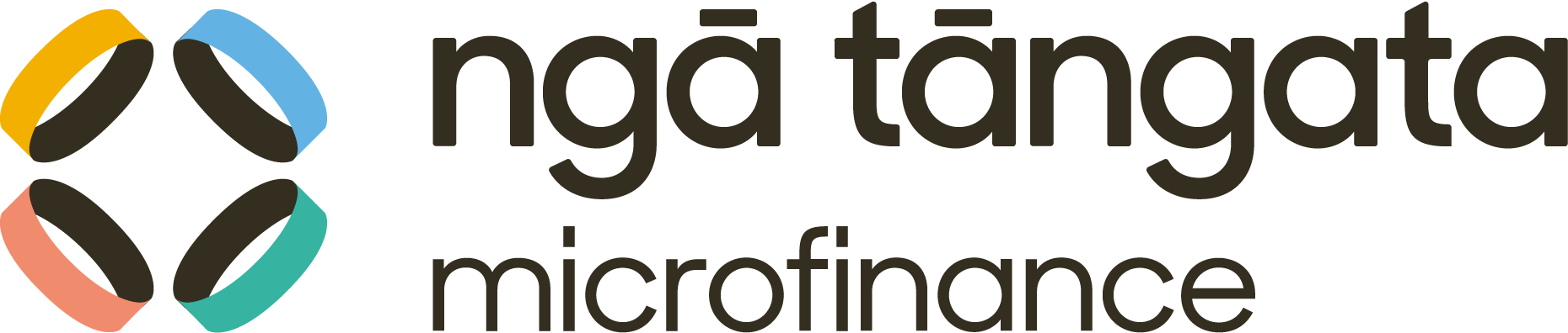 Logo of Nga Tangata Microfinance featuring four interlocking, curved shapes in yellow, light blue, pink, and green with black text next to it.