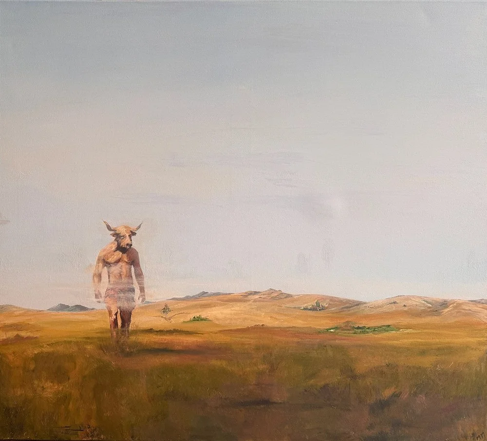 Oil painting of a partly transparent standing Minotaur in a dry North Canterbury landscape beneath a pale sky