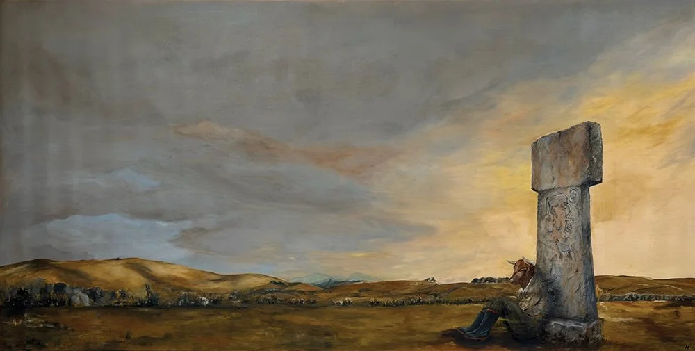 Oil painting of a seated Minotaur beside a standing stone in a North Canterbury landscape under a stormy sky