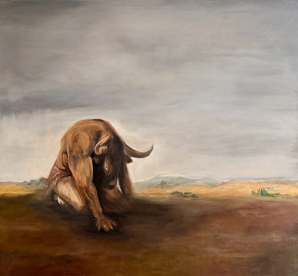 Oil painting of a crouching Minotaur in a an open North Canterbury landscape beneath a grey sky