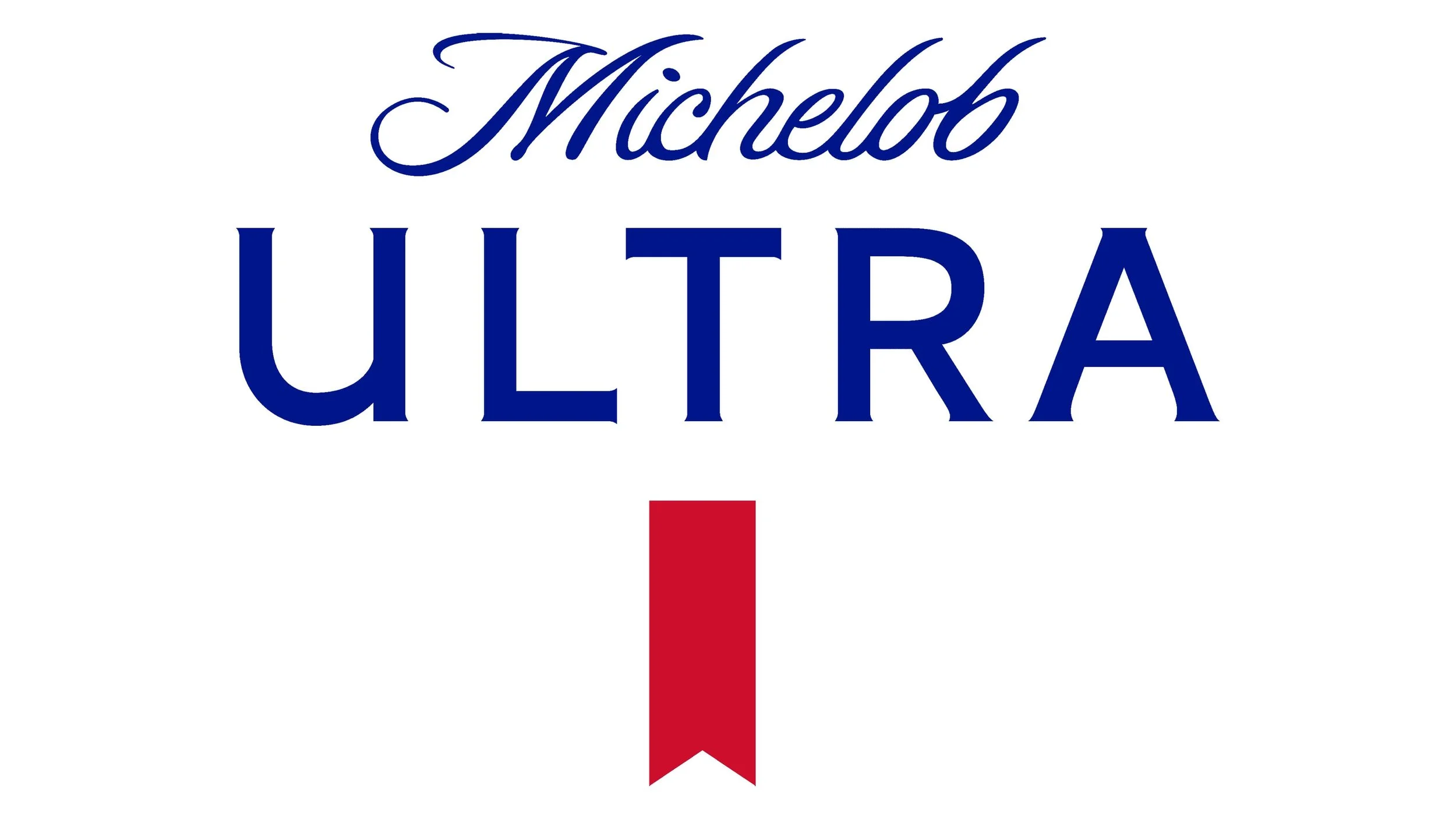 Logo of Michelob Ultra with the text 'Michelob Ultra' in blue cursive font above 'ULTRA' in large blue capital letters, and a red ribbon below the text.