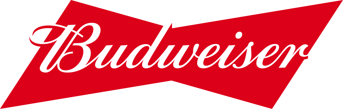 The Budweiser logo with white cursive text on a red and black background.
