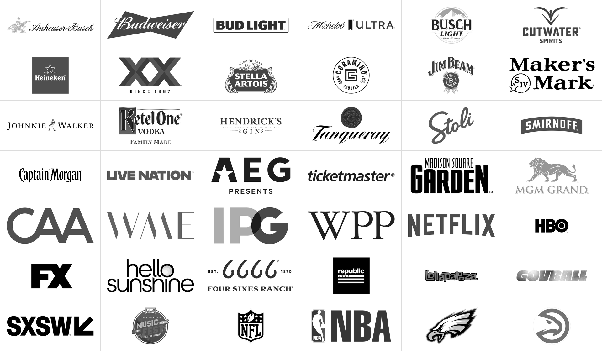 A grid of various brand logos including Anheuser-Busch, Budweiser, Bud Light, Michelob Ultra, Busch Light, Cutwater Spirits, Heineken, XX, Stella Artois, Coramino Tequila, Jim Beam, Maker's Mark, Johnnie Walker, Ketel One Vodka, Hendrick's Gin, Tanqueray, Stoli, Smirnoff, Captain Morgan, Live Nation, AEG, Ticketmaster, Madison Square Garden, MGM Grand, HBO, Fox, Hello Sunshine, Four Sixes Ranch, Republic Records, Lollapalooza, GovBall, SXSW, Super Bowl, NFL, NBA, Philadelphia Eagles, Atlanta Hawks, and Atlanta Hawks logo.