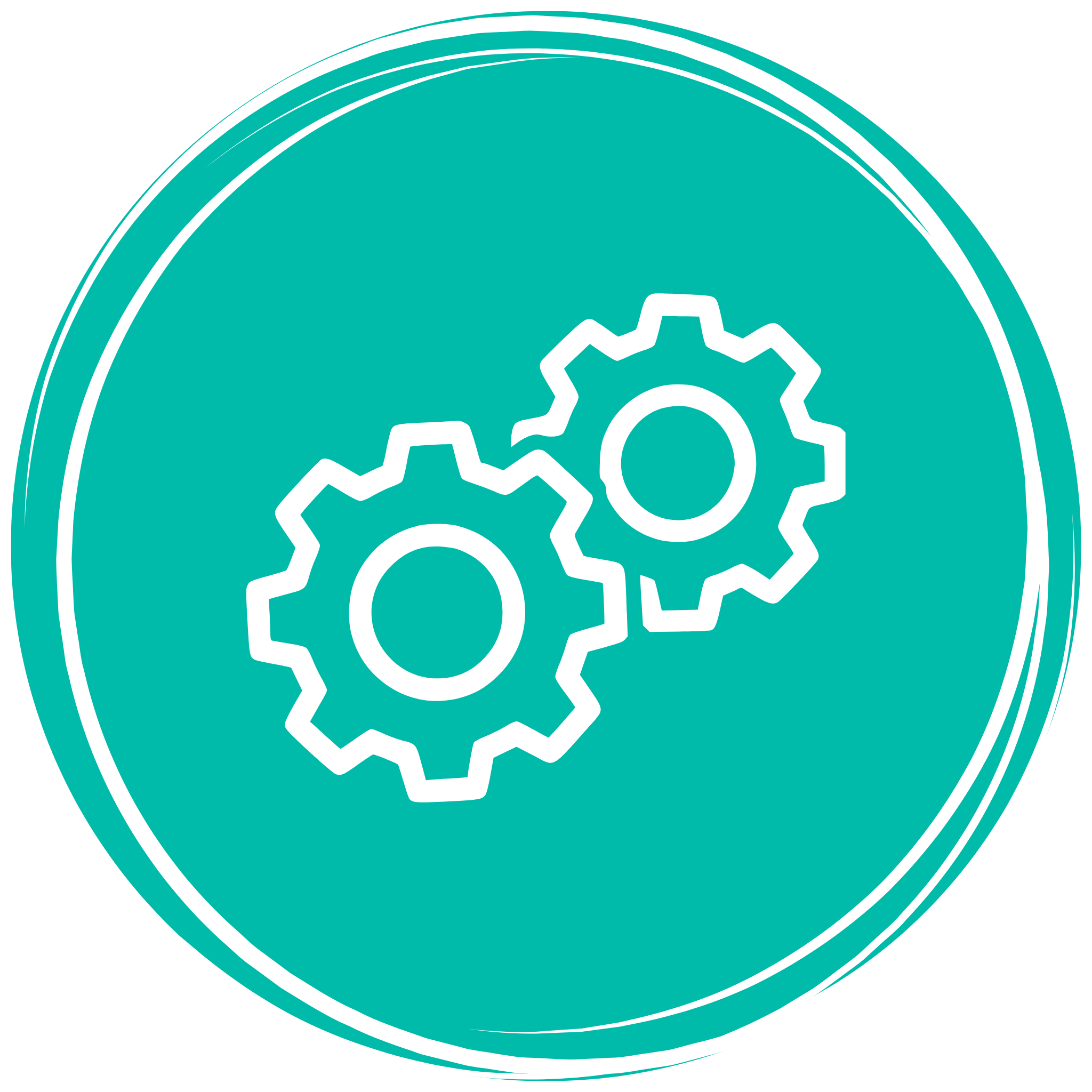 Close-up of a teal circular emblem with gear icons inside, outlined in white.
