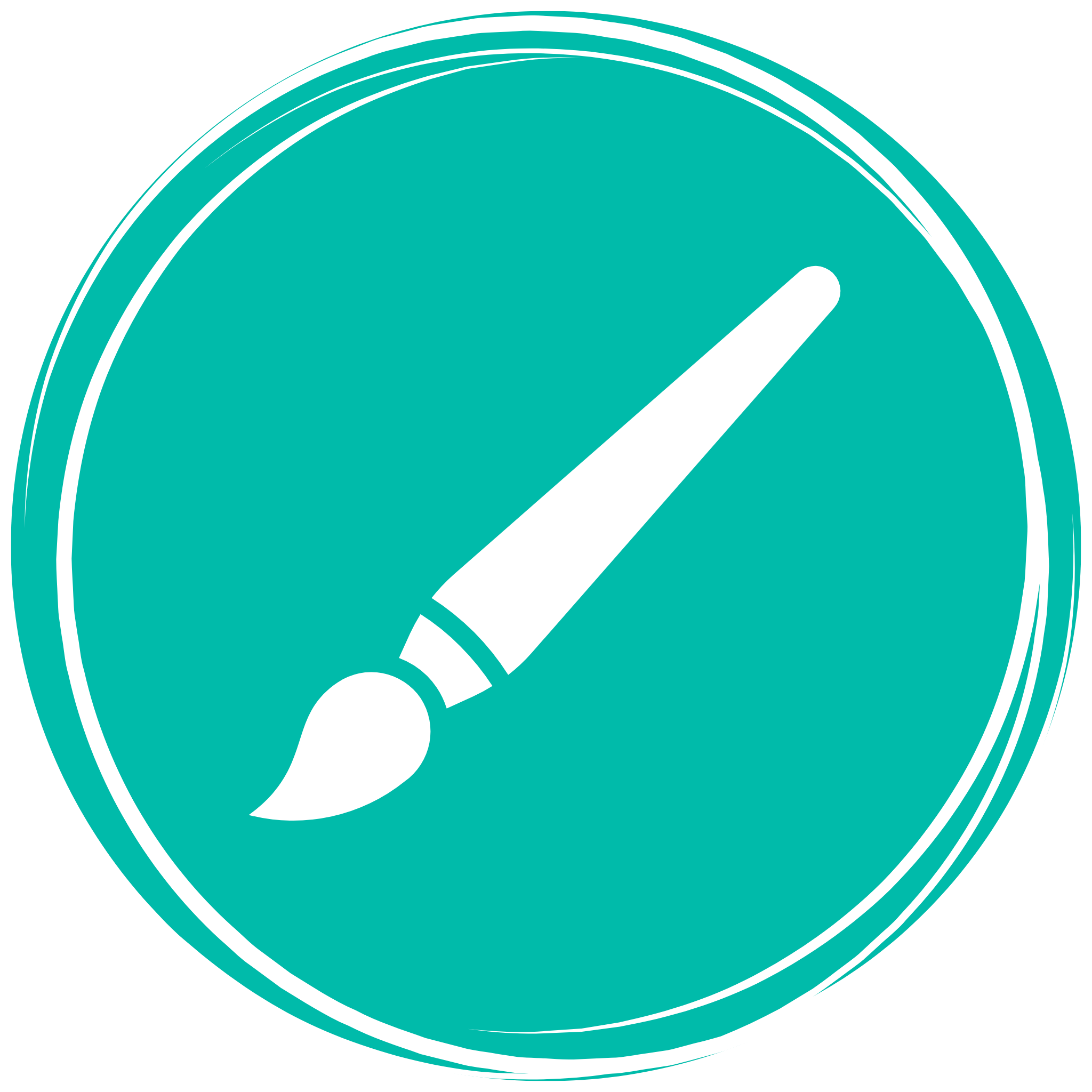 Close-up of a teal circle with a white border and a white pen or stylus pointing to the right.