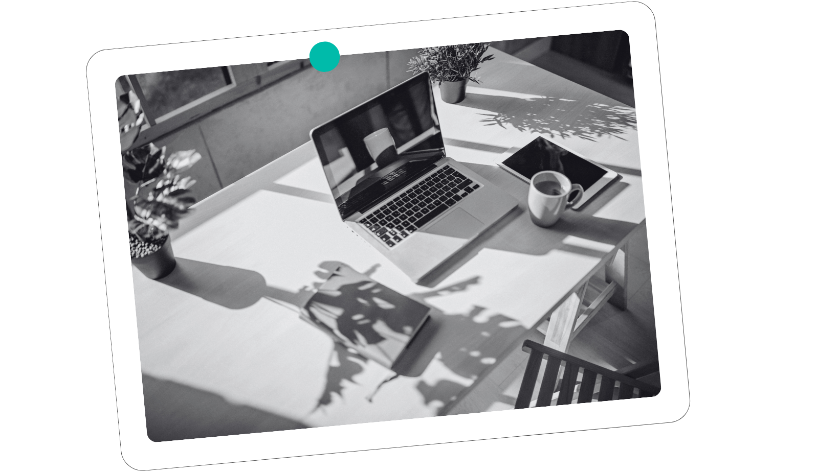A monochrome photograph of a work desk with a laptop, a coffee mug, a tablet, and a potted plant, with sunlight casting shadows.