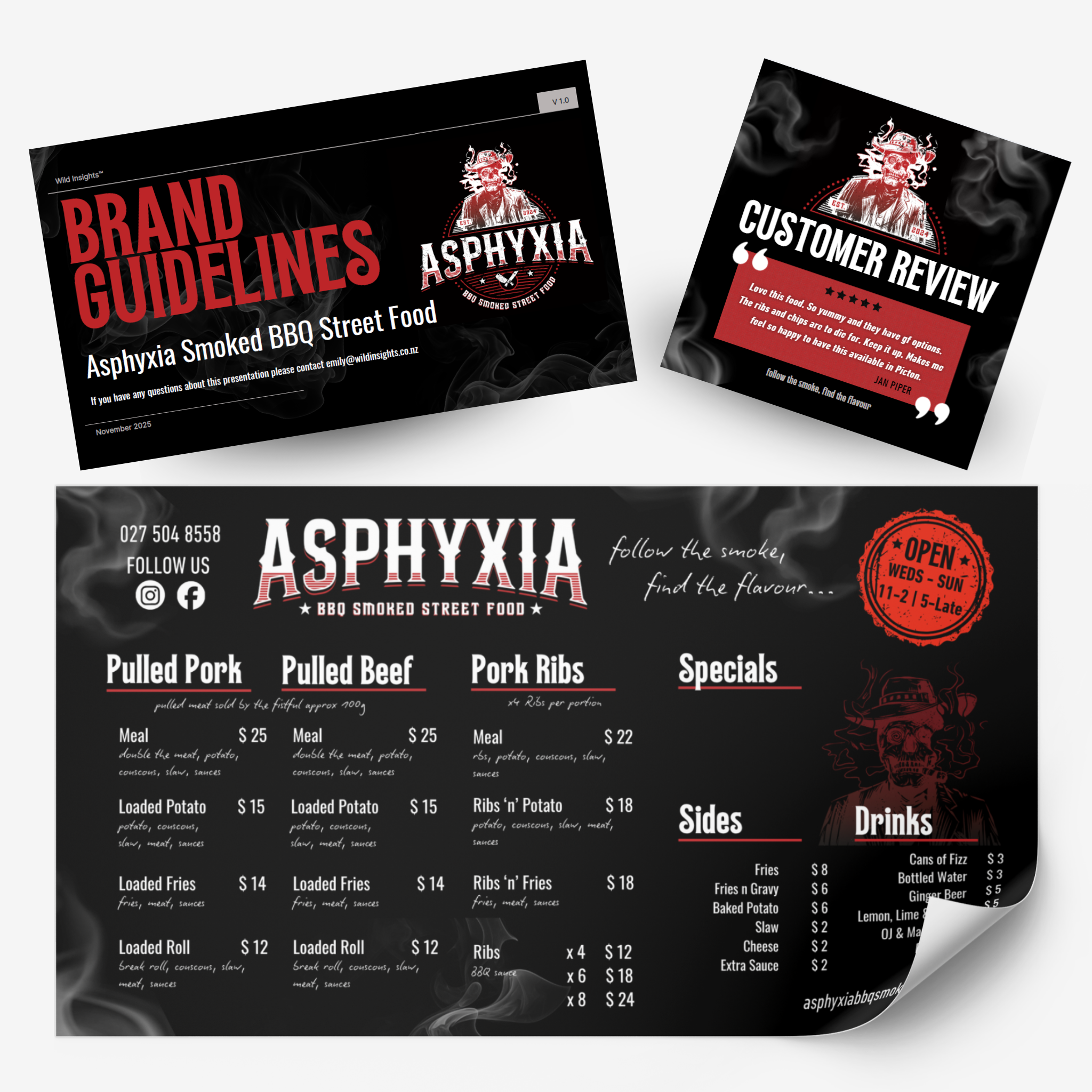 Black menu board with red and white text advertising BBQ smoked street food from Asphyxia, featuring food categories like pulled pork, pulled beef, ribs, fries, sides, drinks, and prices.
