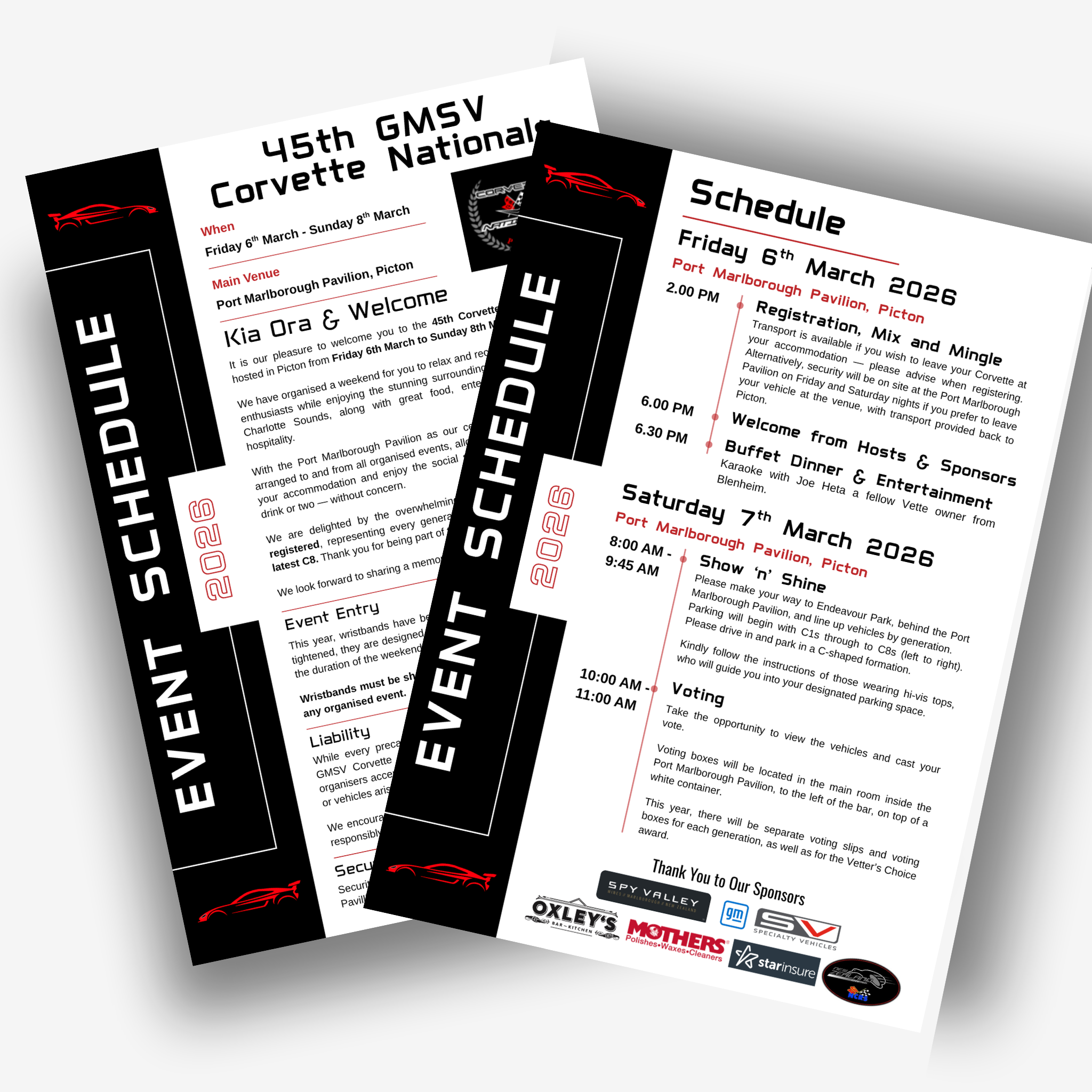 Event flyers for the 45th GMSV Corvette National with details about the event dates, location at Port Marlborough Pavilion in Picton, schedules, and sponsors' logos at the bottom.