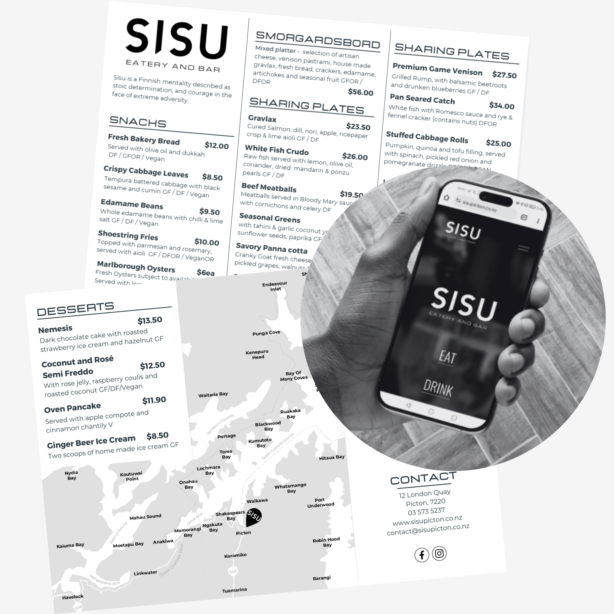 A menu from Sisu eatery and bar with sections for snacks, smorgasbord, sharing plates, desserts, and contact information. The menu includes various dishes, prices, and descriptions. There is a phone and social media icons at the bottom.