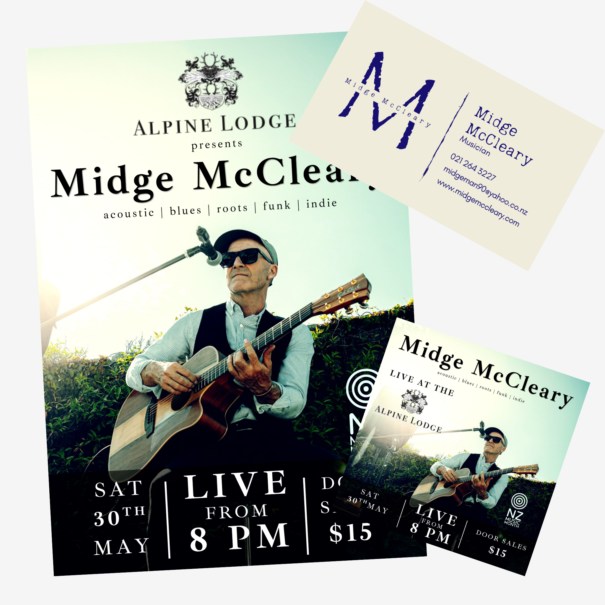 Flyer for a live music event featuring musician Midge McCleary, scheduled for Saturday, May 30th at 8 PM, with ticket prices of $15, held at Alpine Lodge, with door sales.
