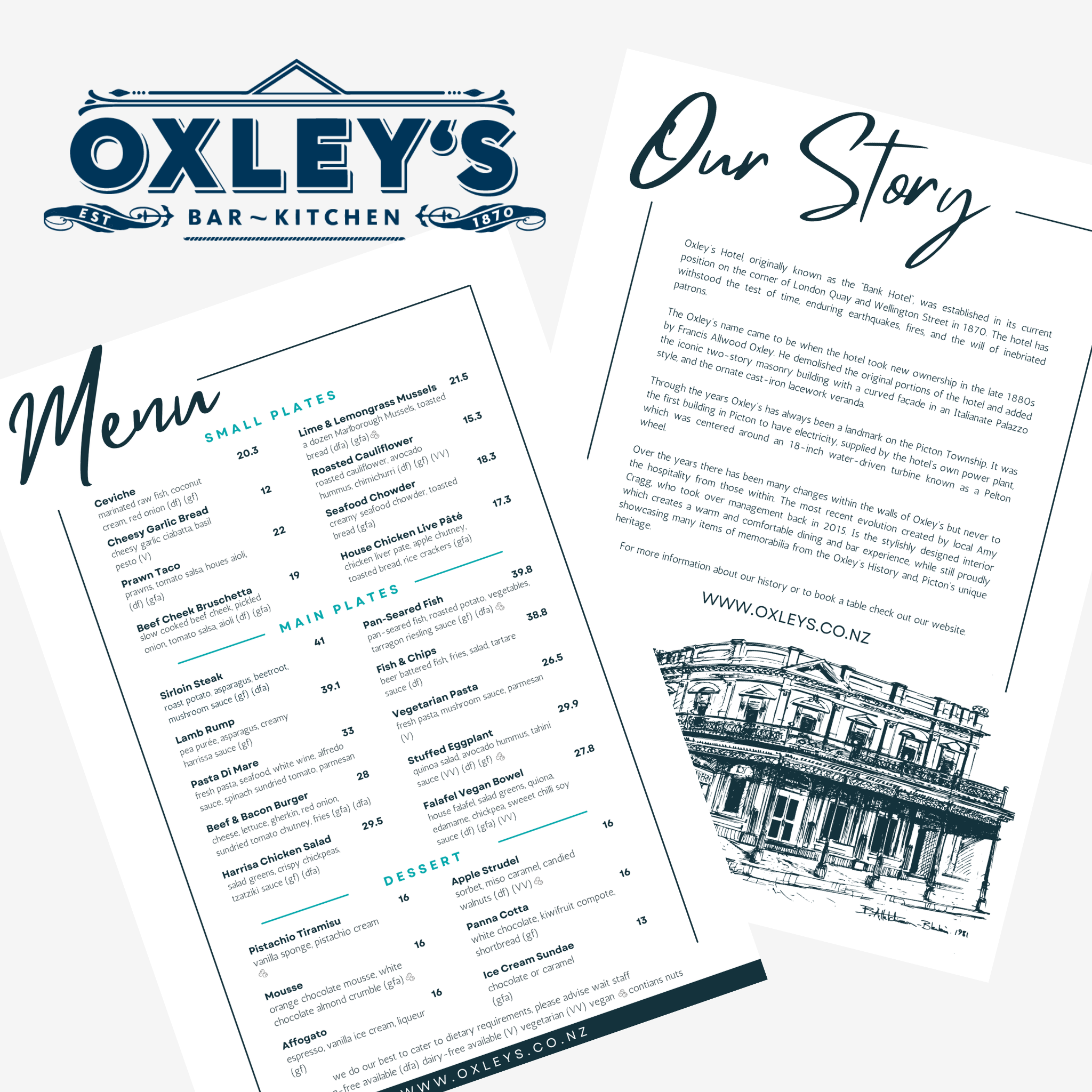 A collection of restaurant or bar menus with text describing food and drink options, and a detailed sketch of a classical building or landmark in black and white.