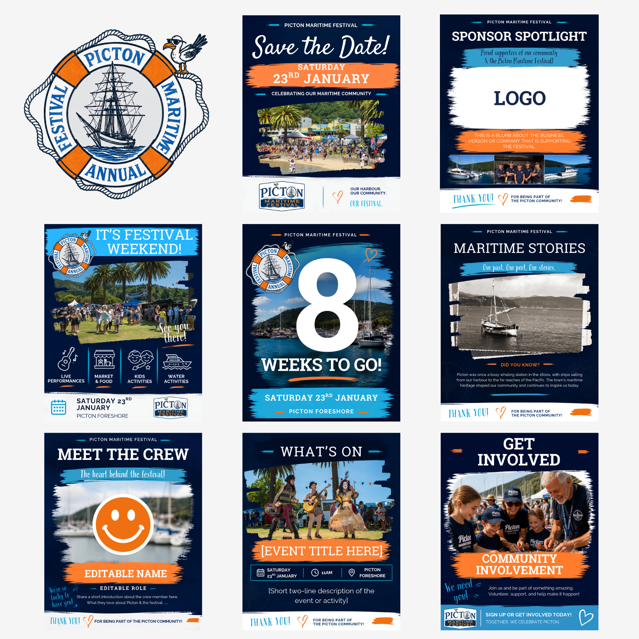 A collection of promotional flyers and posters for the Picton Maritime Festival, featuring festival dates, event highlights, community involvement, sponsor spotlight, and festival activities, with images of boats, people, and performers.