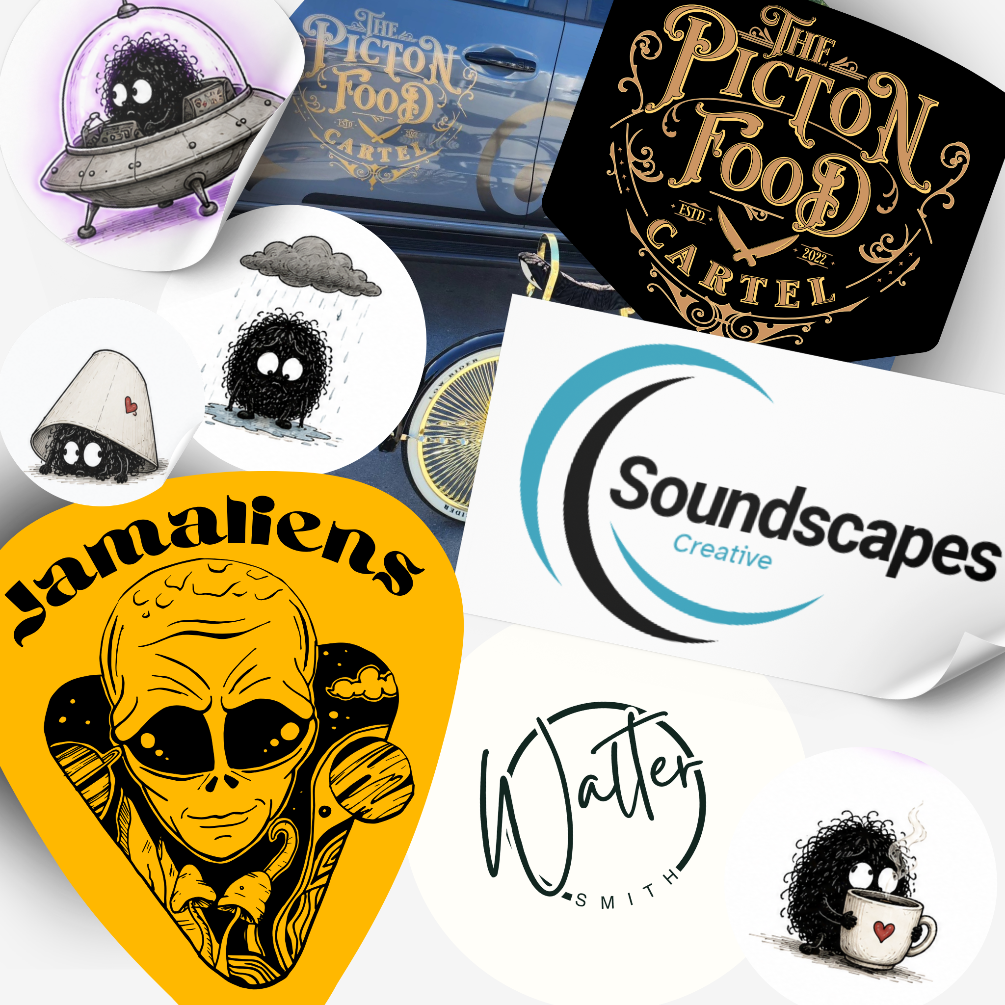 A collage of stickers with designs of a black fuzzy creature with large eyes, featuring a spaceship, rain cloud, umbrella, face illustration, and text related to 'The Piction Food Cartel' and 'Janie’s Bakery'.