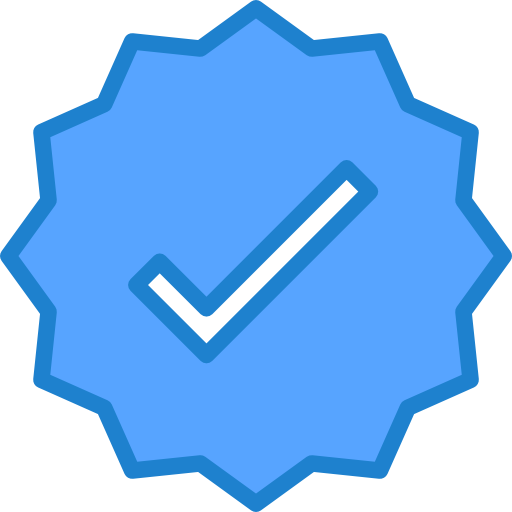 Blue badge with a checkmark in the center indicating approval or certification.