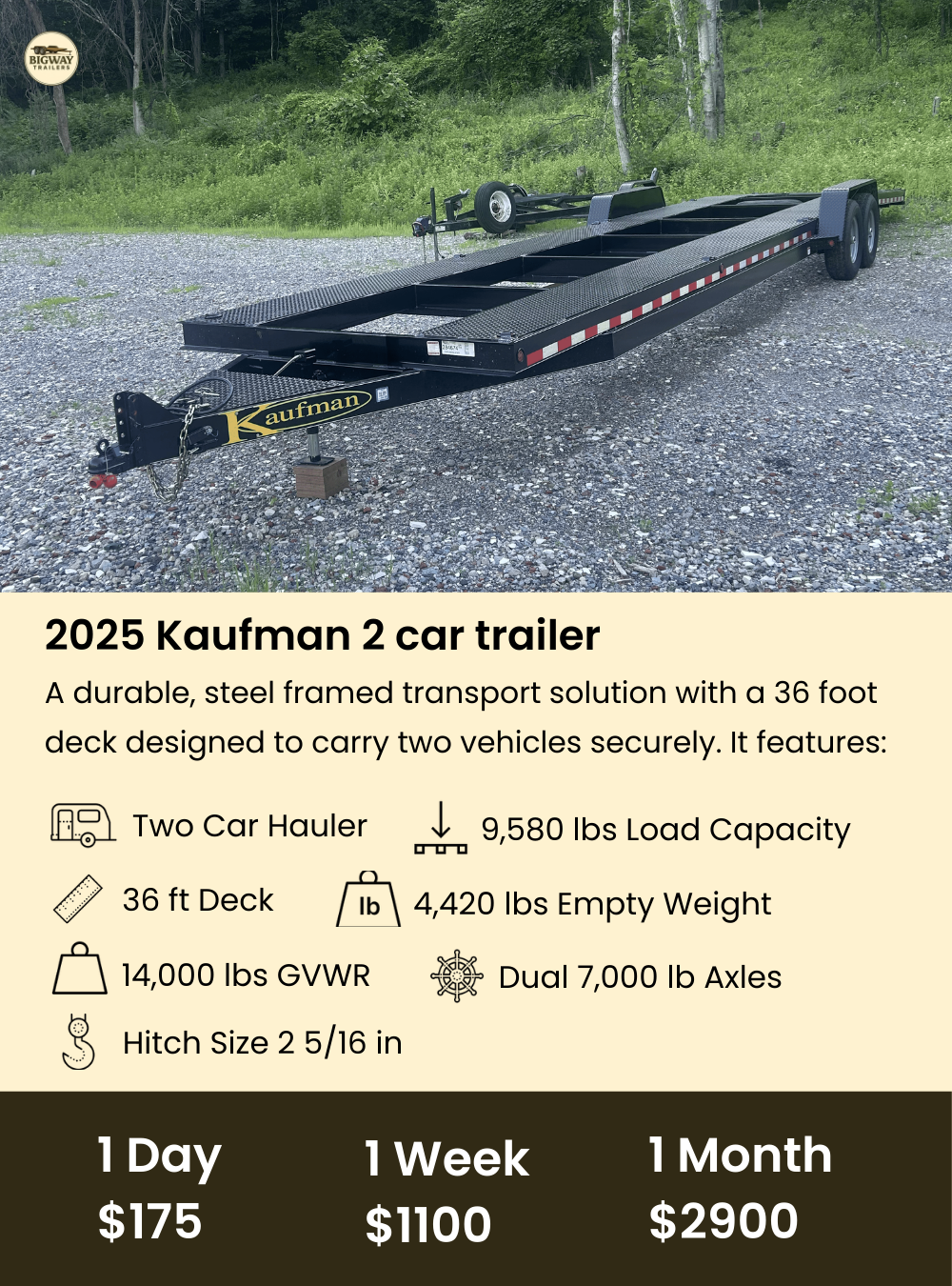 A black 2025 Kaufman two-car trailer with a 36-foot deck, positioned on gravel, with a green forest behind it.