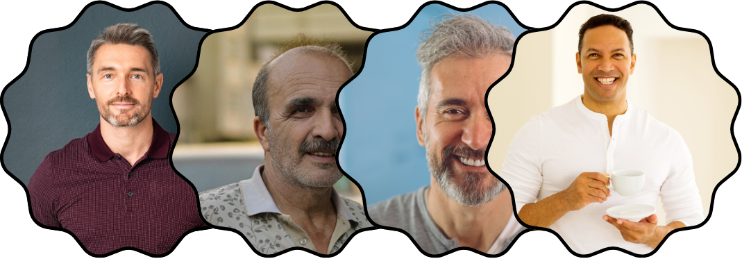 Four men, each smiling, with different backgrounds and attire, in a collage with image cutouts.