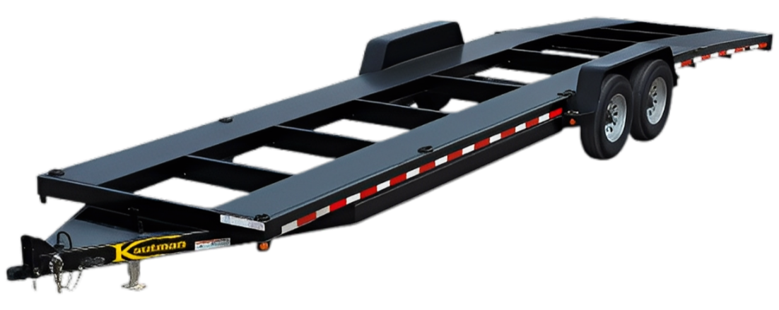 Black utility trailer with double axles and reflective tape on sides.