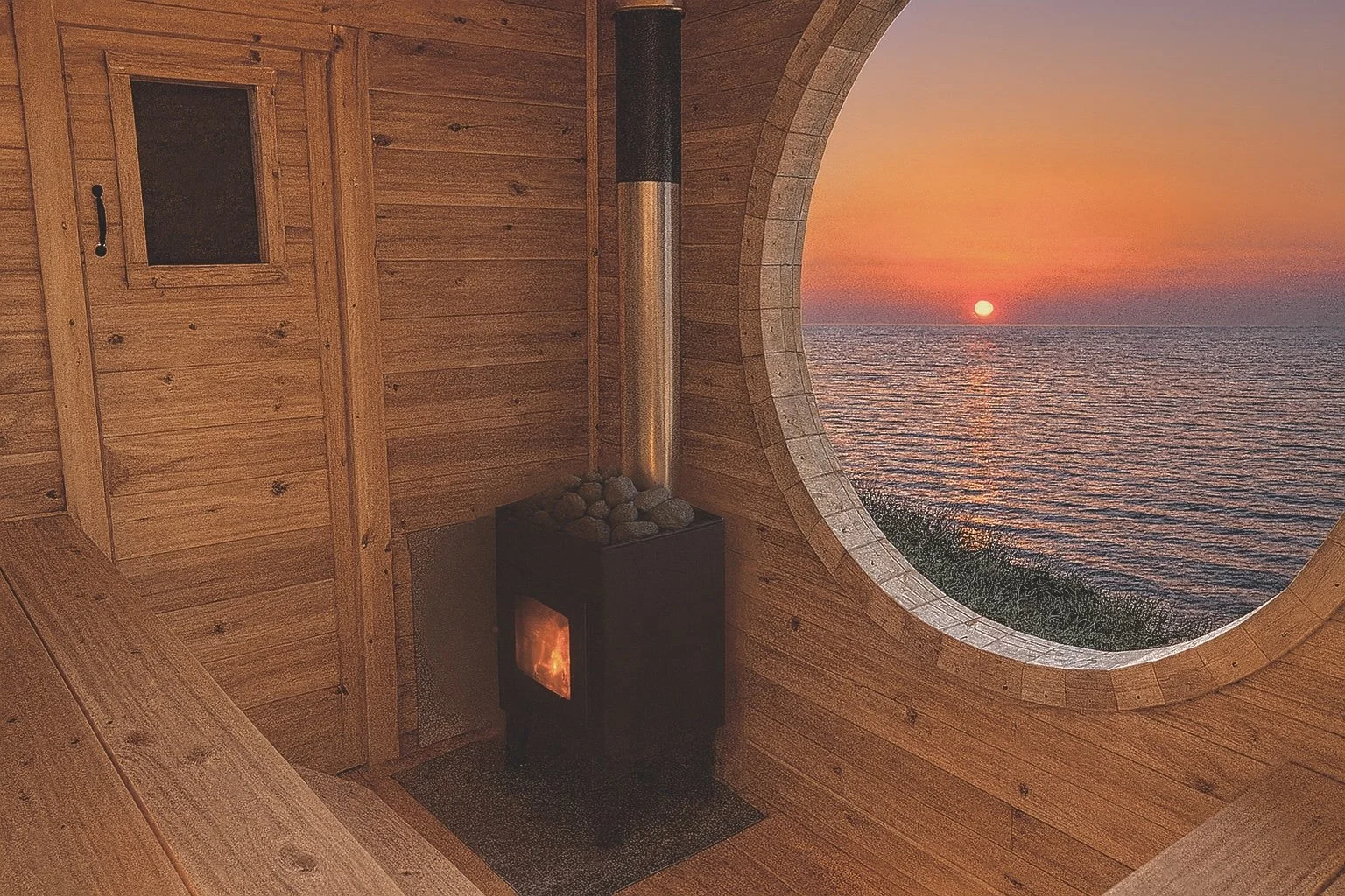 Interior of a wooden sauna overlooking the ocean at sunset through a circular window.