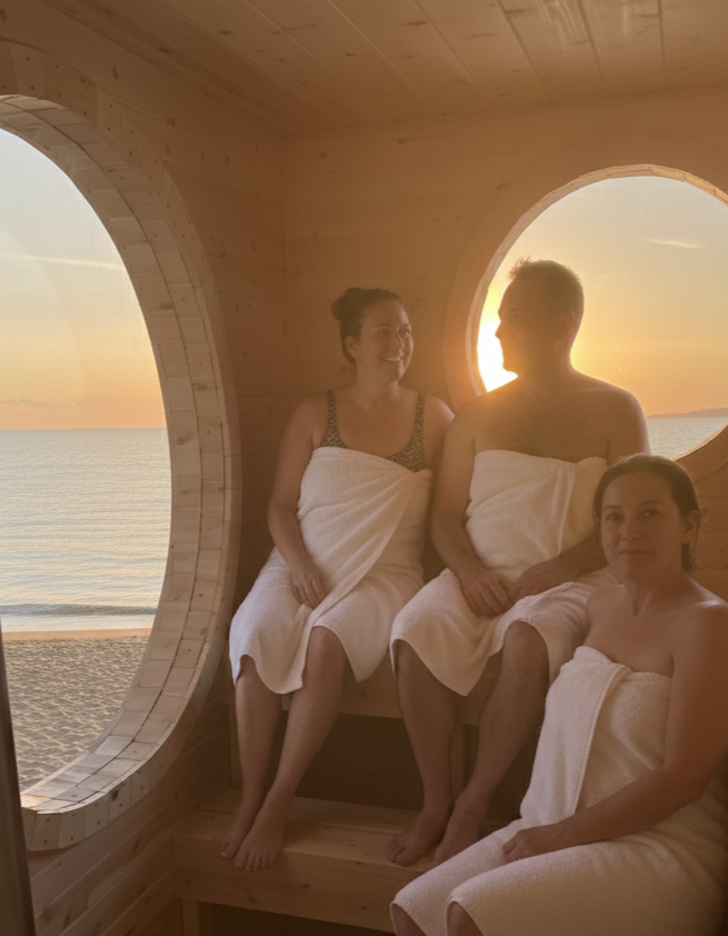 Three people in a wooden sauna with circular windows, watching the sunset over the beach.
