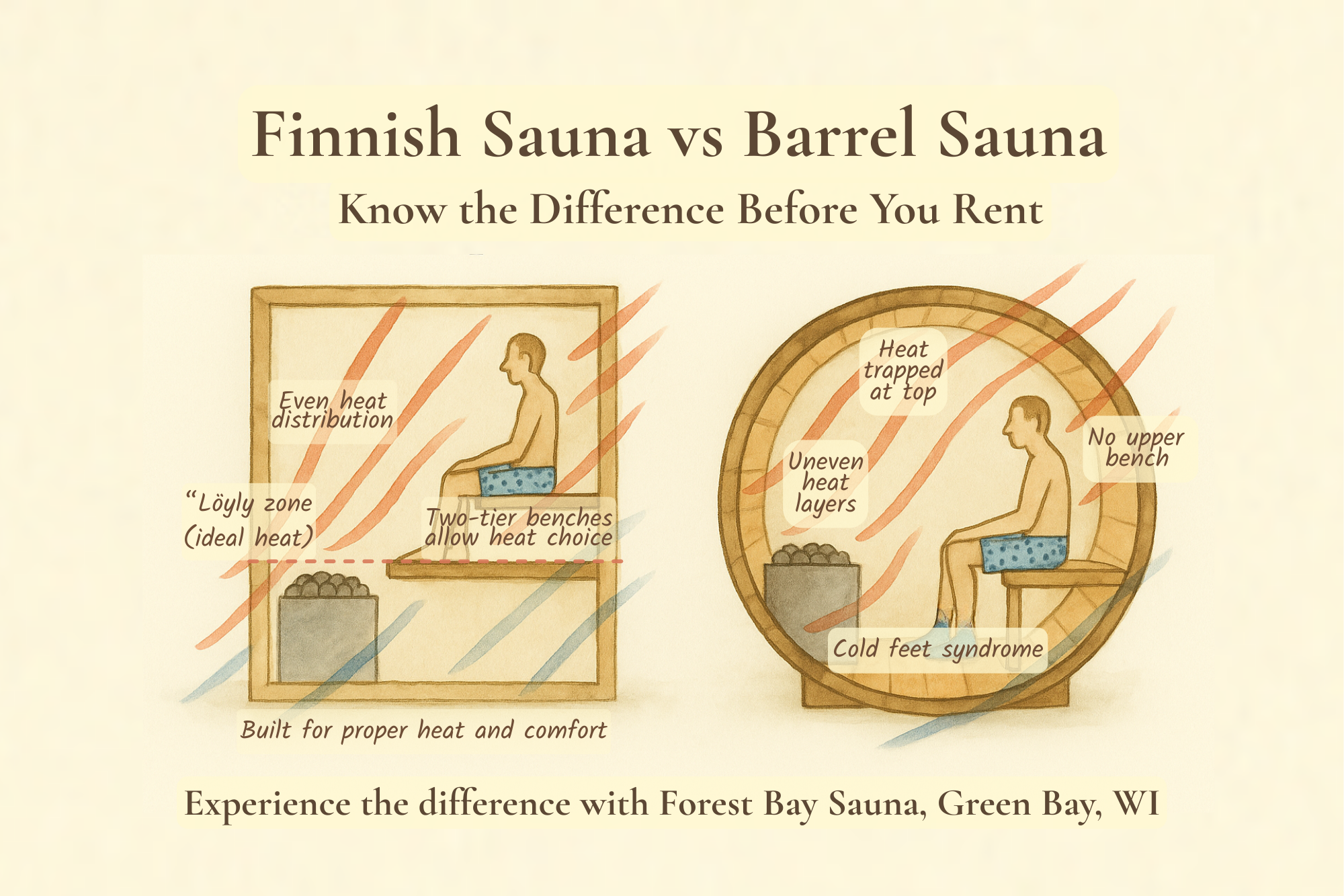 Comparison of Finnish sauna and barrel sauna with labeled differences. The Finnish sauna shows even heat distribution, two-tier benches for adjustable heat, and is built for proper heat and comfort. The barrel sauna shows uneven heat layers, heat trapped at the top, no upper bench, and features cold feet syndrome. Text invites experiencing the difference at Forest Bay Sauna, Green Bay, WI.