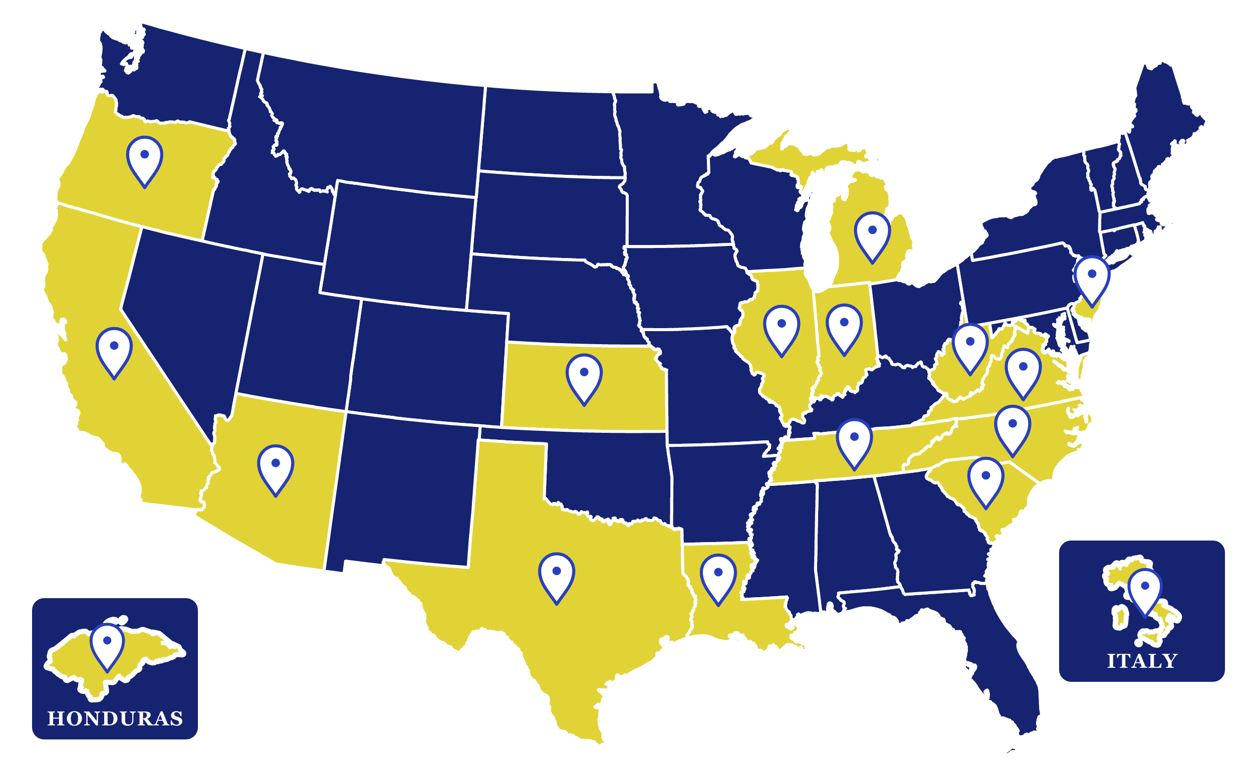 Map of band programs served by Santos Creative Services: 15 U.S. states, Honduras and Italy