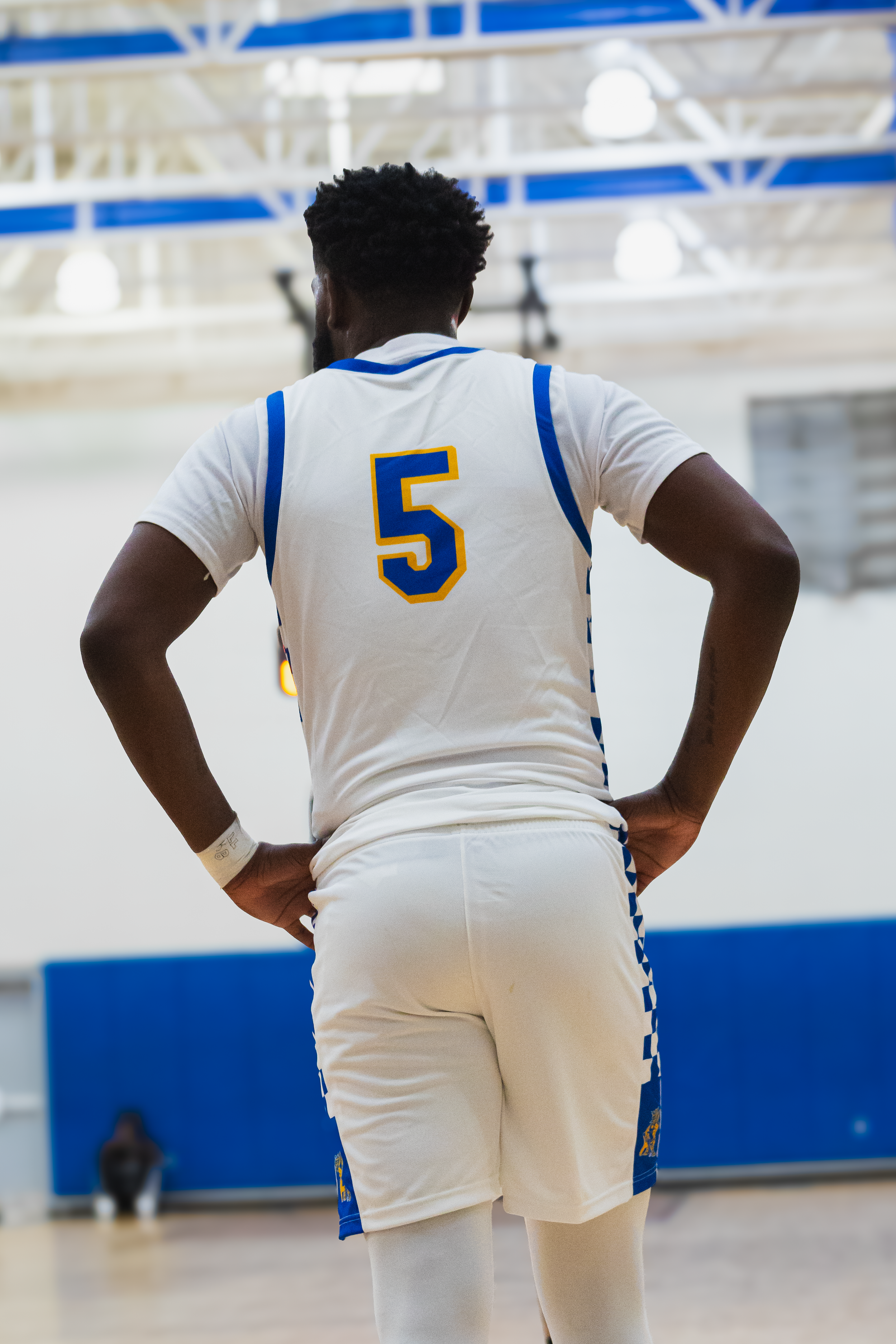 Back of a basketball player wearing a white jersey with blue and yellow accents, number 5, standing with hands on hips in an indoor gymnasium.