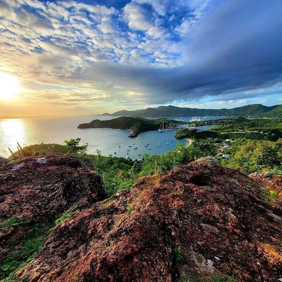 Sunset over a bay with sailboats docked, green hills, and mountains in the background. Rocky foreground with green vegetation.