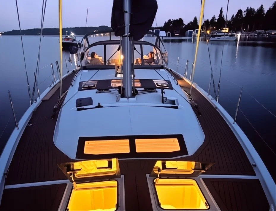 A sailboat docked at a marina during evening, with illuminated storage compartments open on the deck and a view of other boats and trees in the background.
