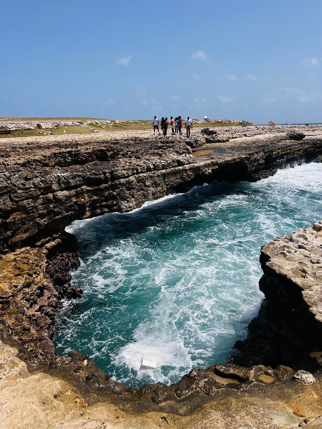 Group of people standing on rocky coastal ledge, overlooking ocean with waves crashing below, under clear blue sky.