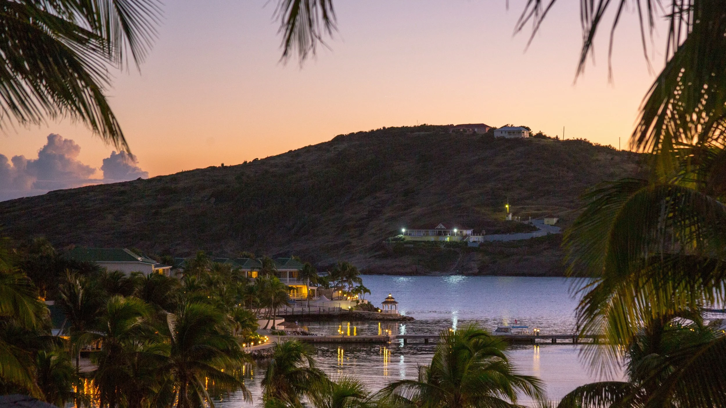 A tropical lakeside scene at dusk with palm trees in the foreground, lit houses along the water, and a hill in the background under a fading sunset sky.