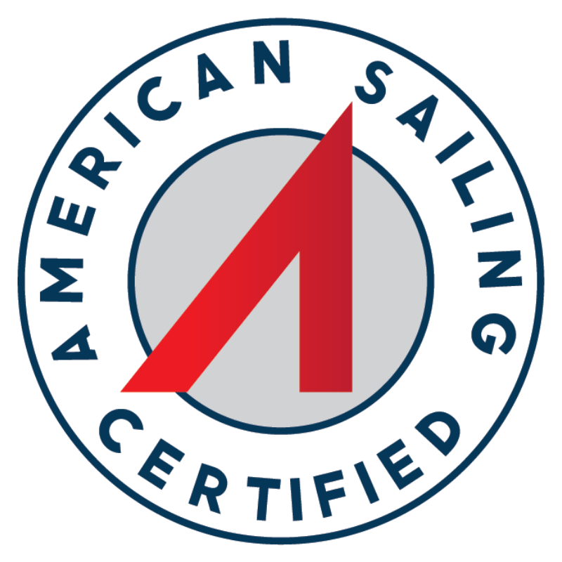 Certified by American Sailing logo featuring a red and white compass with text around the circle