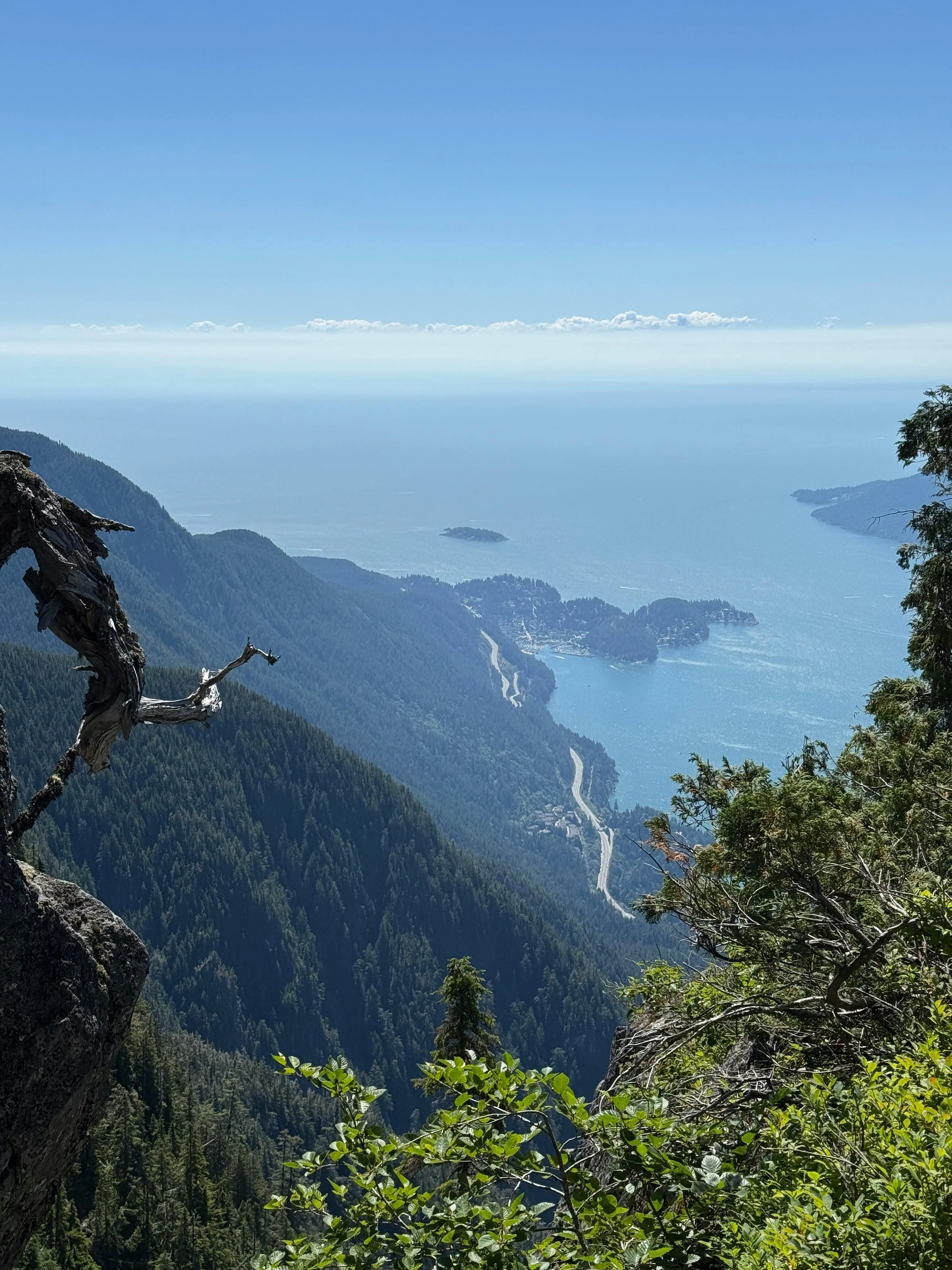 View of a coastal mountainous landscape with dense evergreen trees, winding roads, and distant islands over the water under a clear blue sky.