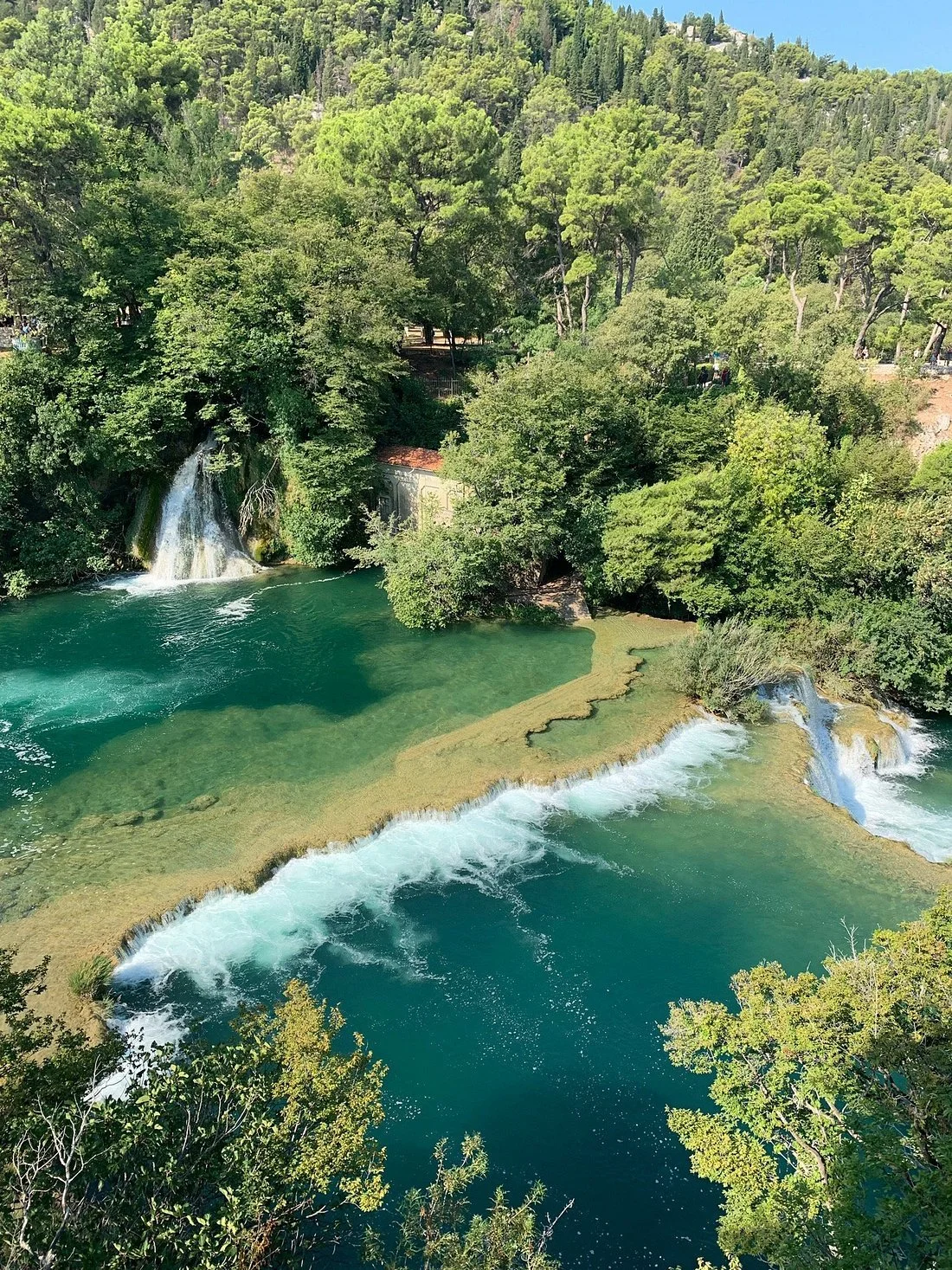 A river with a small waterfall surrounded by dense green trees and a forested hillside in the background.