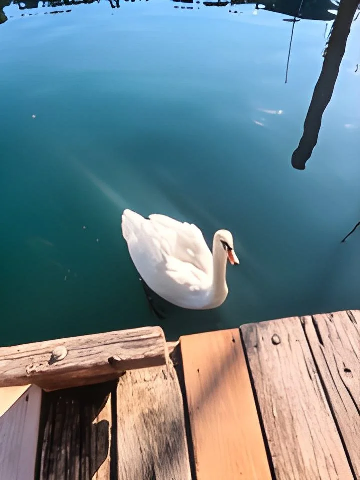 A white swan swimming in a calm body of water next to a wooden dock.