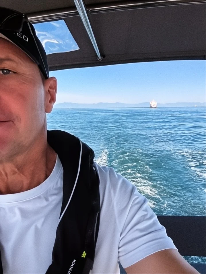 A man wearing sunglasses and a white shirt taking a selfie on a boat, with the ocean and another boat visible in the background.
