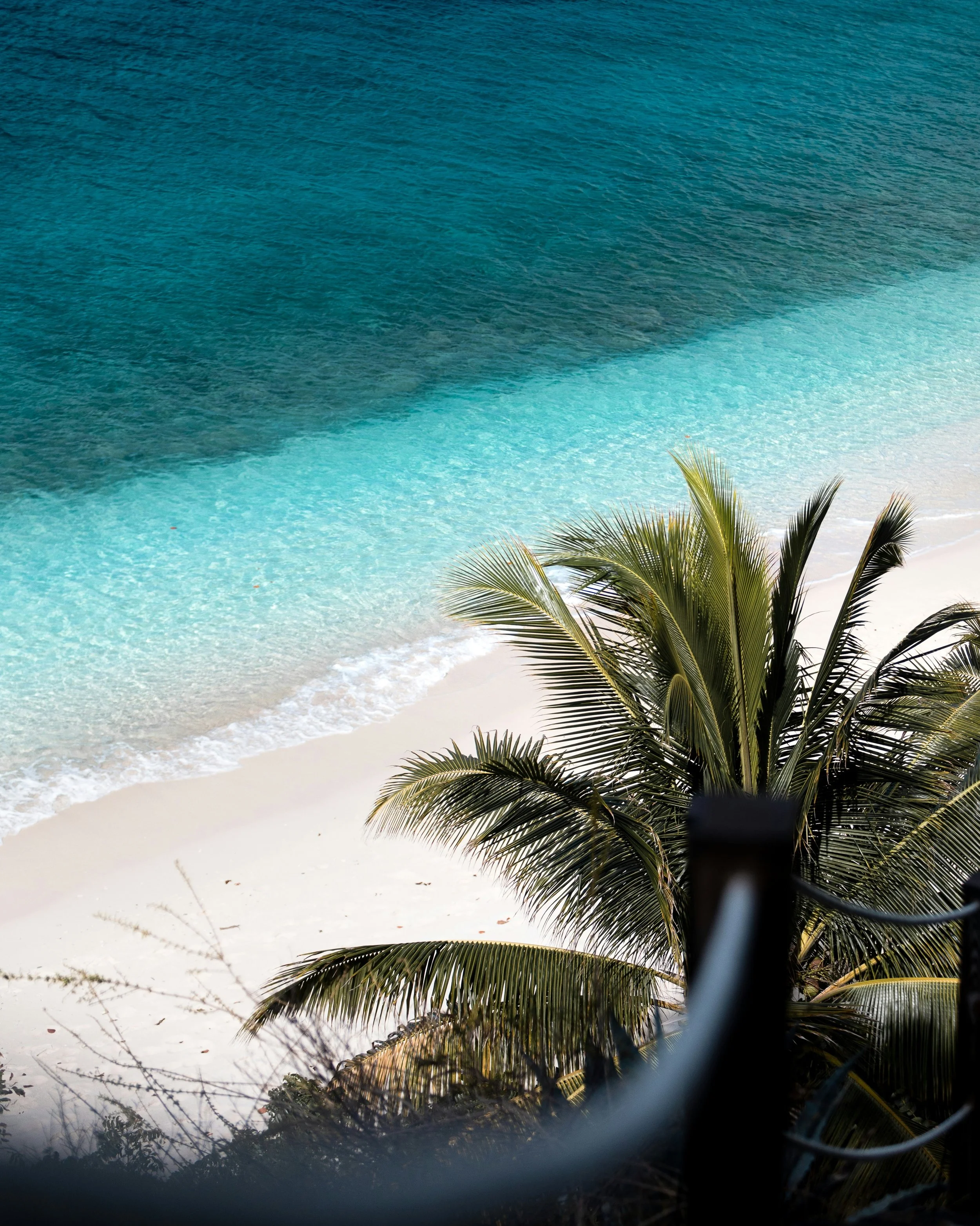 View of a tropical beach with white sand, turquoise water, and palm trees, seen from a slightly elevated position through a railing or fence.
