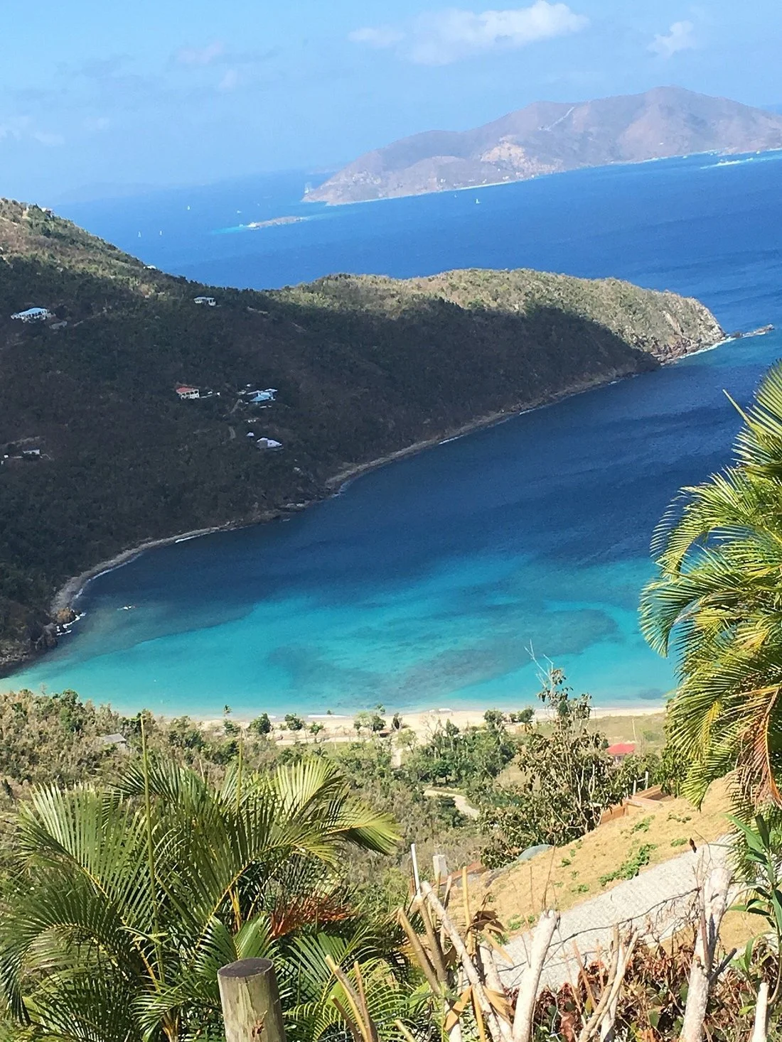 A scenic view of a coastal bay with turquoise water, surrounded by green hills and a sandy beach, with mountains in the background and some palm trees in the foreground.
