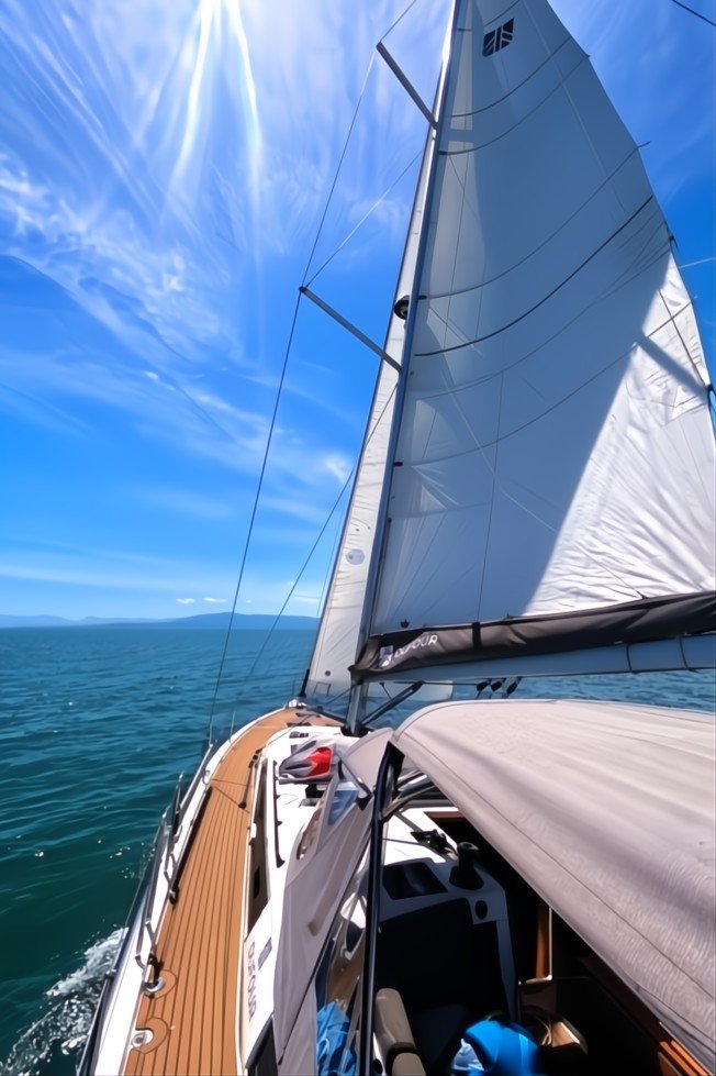 View from a sailboat showing the deck, sails, and the blue sky with scattered clouds over the ocean.