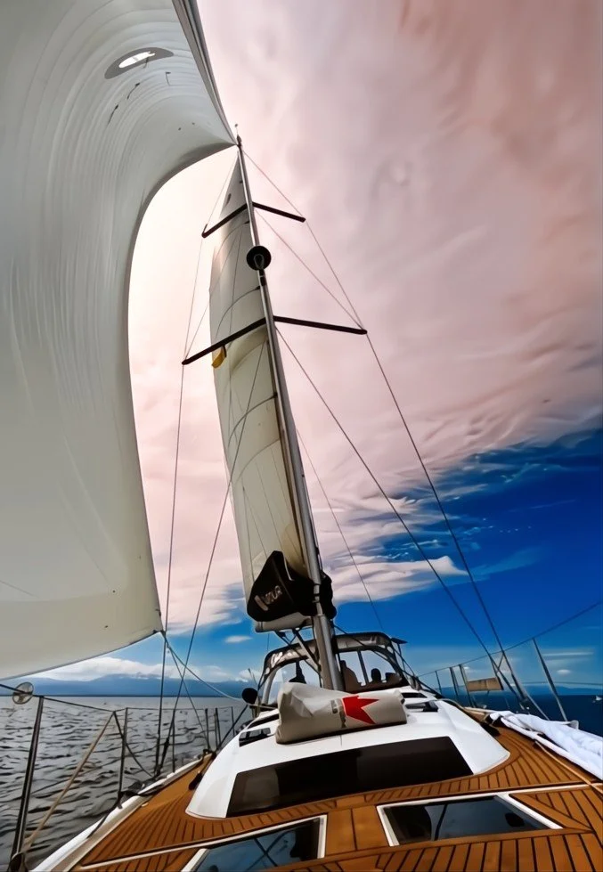 A view from the deck of a sailboat looking up at the mast and sails against a sky with pink, white, and blue clouds, with water visible in the background.