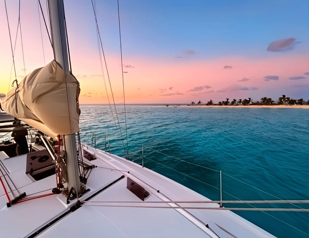 View from a sailboat showing the ocean, a distant shoreline with palm trees, and a colorful sunset sky.