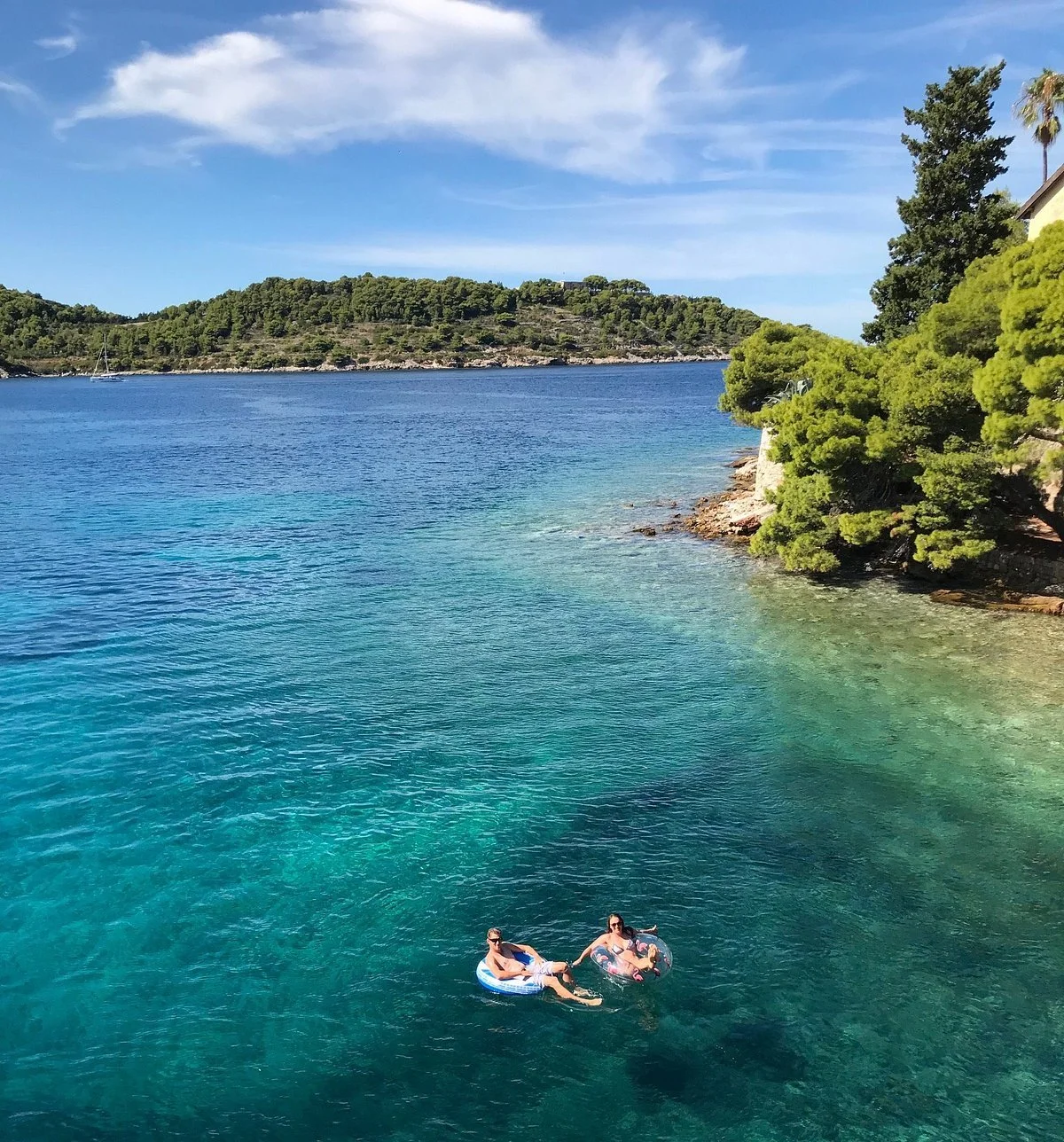Two women floating on inflatable tubes in clear blue water near a rocky shoreline with greenery and trees, under a blue sky with some clouds.