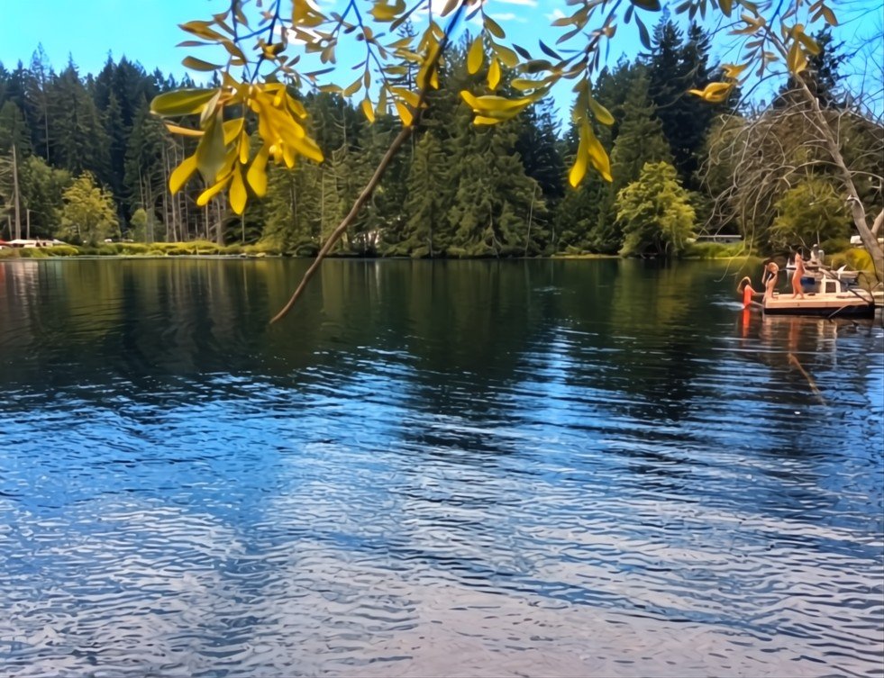 Calm lake surrounded by trees and a dock with people on it, under a blue sky with yellow leaves in the foreground.