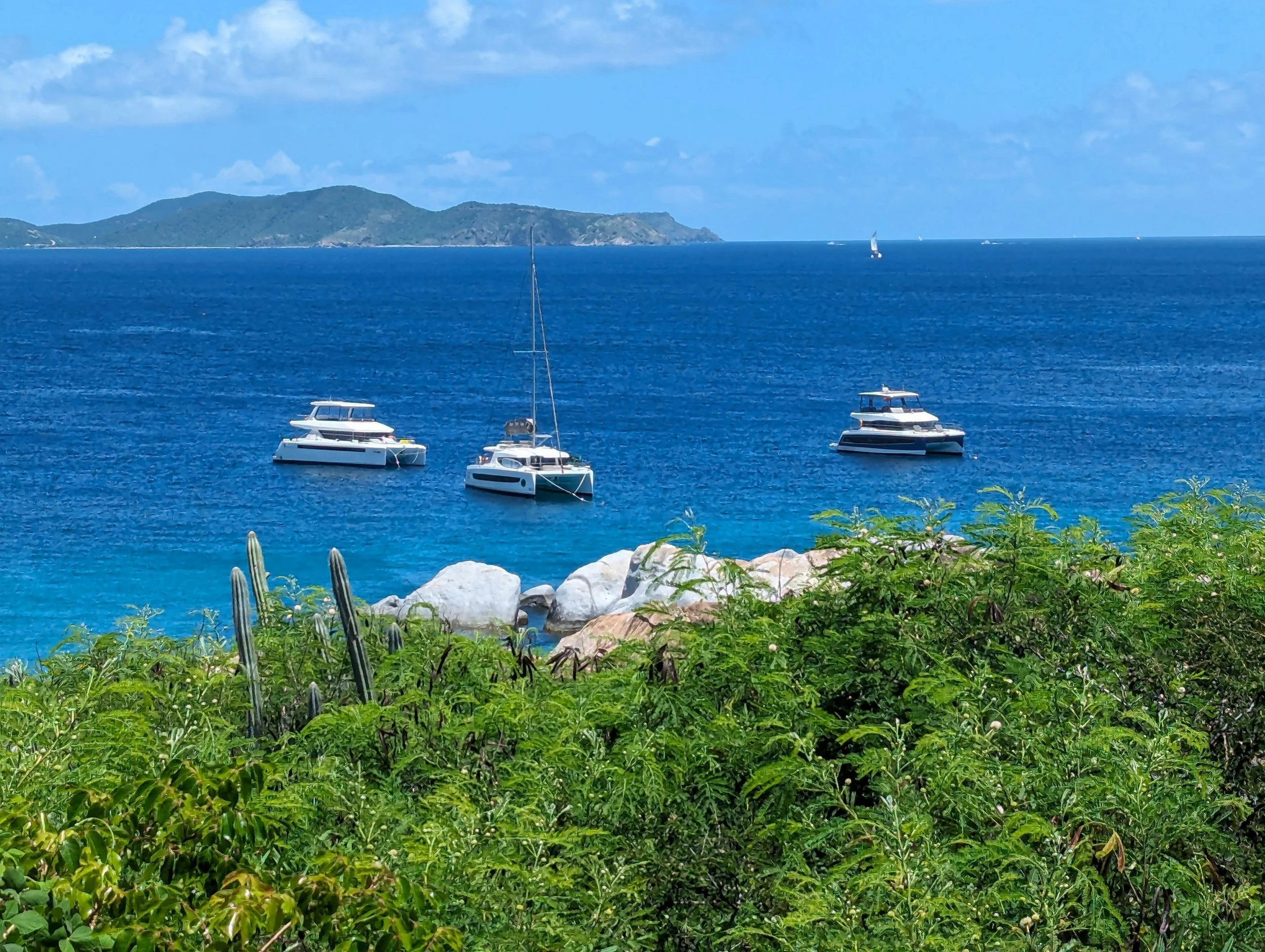Boats anchored in a blue ocean with a green island on the horizon and lush greenery in the foreground.