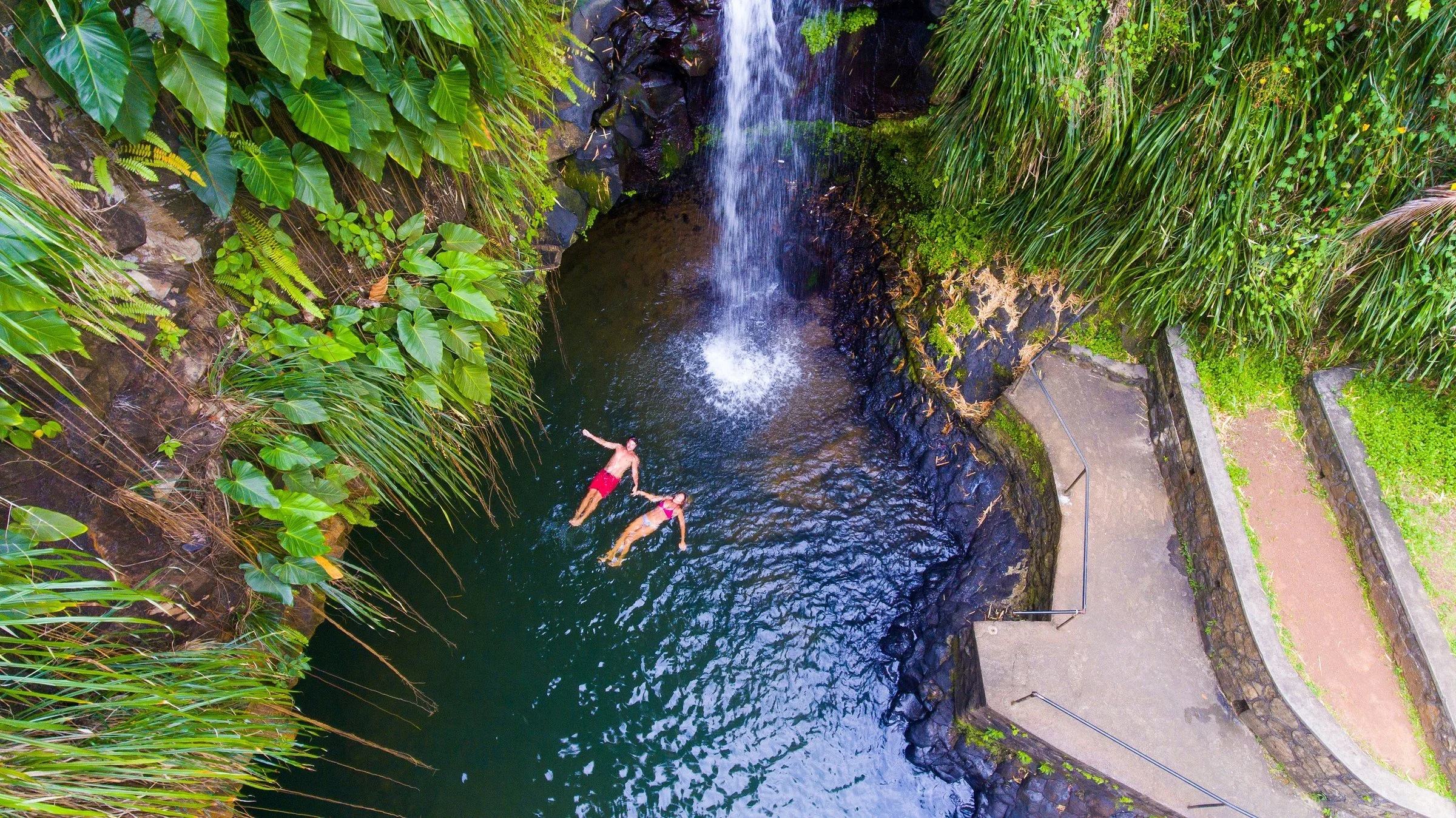 Two people swimming in a small natural pool with a waterfall in a lush, tropical setting with dense green foliage and a paved pathway around the water.