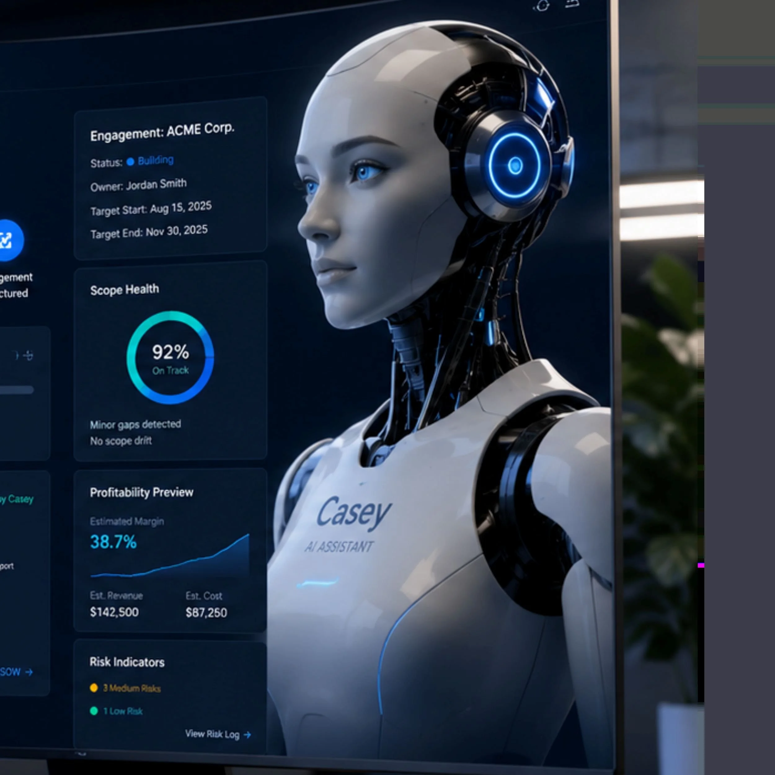 Close-up of a humanoid robot with a smooth face and blue eyes, wearing a large mechanical headset with glowing blue rings, displayed on a digital screen with various graphs and data.