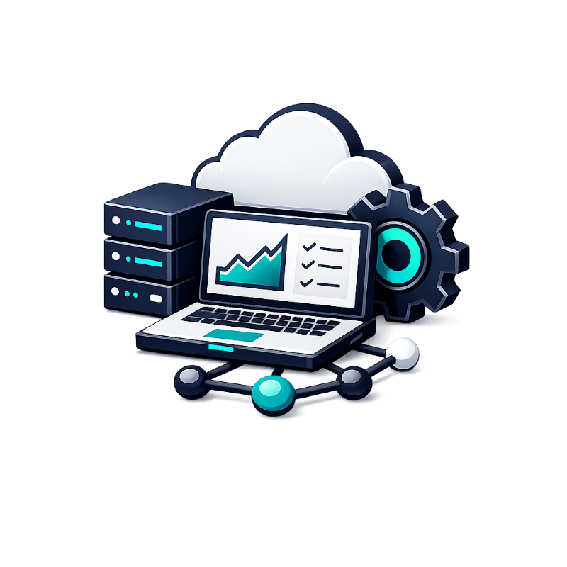 Digital illustration of cloud computing and data analysis, featuring a cloud icon, server racks, a laptop displaying a graph, a gear, and interconnected nodes.