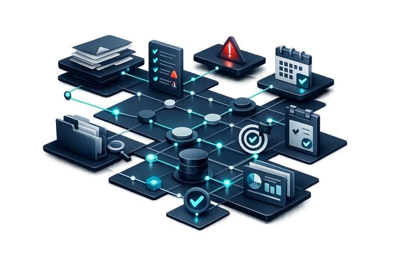 Digital illustration of a data management and cybersecurity system with interconnected nodes, folders, charts, checkmarks, a calendar, and an alert warning sign.