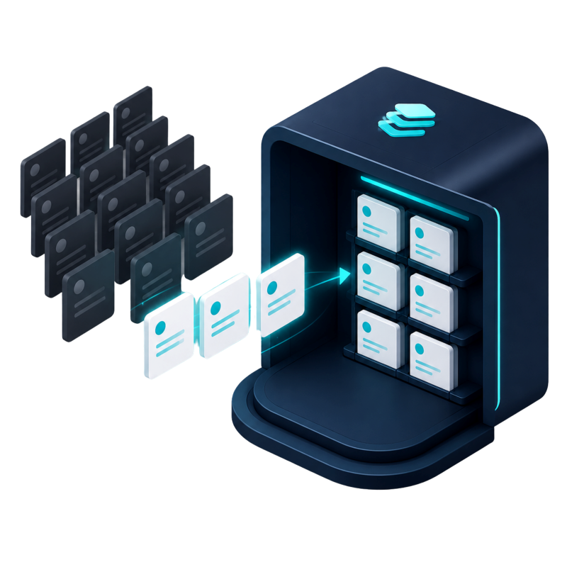Digital illustration of a blockchain or data storage system with multiple digital cards or files being organized and transferred into a secure storage device.