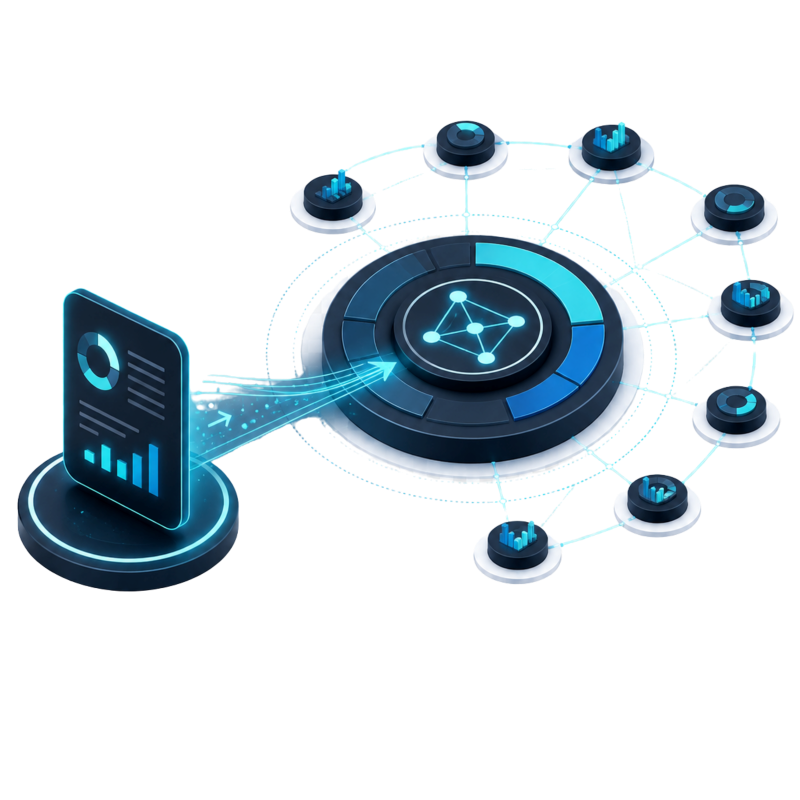Digital illustration of a futuristic data network with interconnected nodes and a central hub, featuring holographic data charts and graphs.